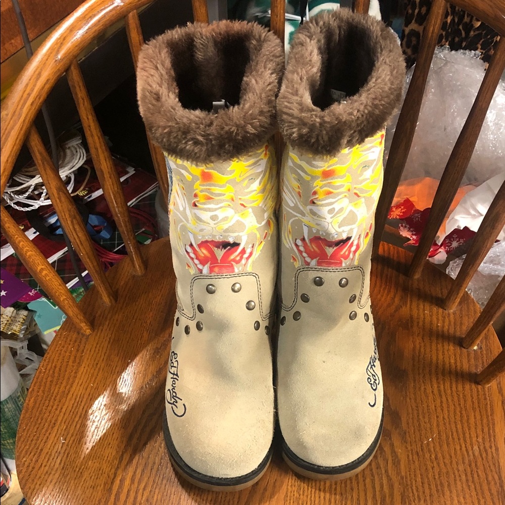 Ed Hardy Tan and Yellow Graphic fur lined